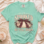Teal t-shirt with "Mother of the Groom Spooked But Still Booked" text.