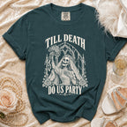 Dark teal t-shirt with skeleton bride graphic and "Till Death Do Us Party" text.