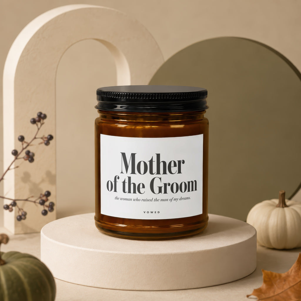 "Mother of the Groom" candle with a descriptive quote and brand name.