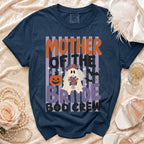 Navy t-shirt with "Mother of the Bride Boo Crew" Halloween ghost graphic.