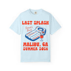 Light blue t-shirt with "Last Splash Sarah's Bach Malibu, CA Summer 2026" text.
