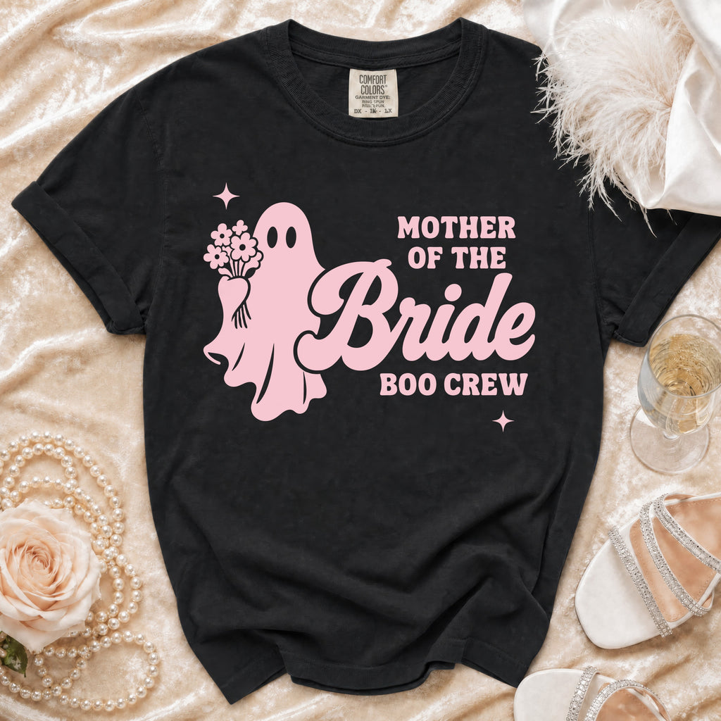 Black t-shirt with pink ghost graphic and "Mother of the Bride Boo Crew" text.
