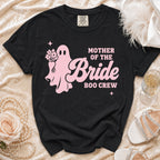 Black t-shirt with pink ghost graphic and "Mother of the Bride Boo Crew" text.
