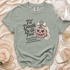 T-shirt with pink pumpkin wearing a veil and saying "Til' Death Do Us Part".