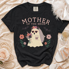Black t-shirt with "MOTHER OF THE BRIDE" and a ghost bride with "I DO CREW" text.
