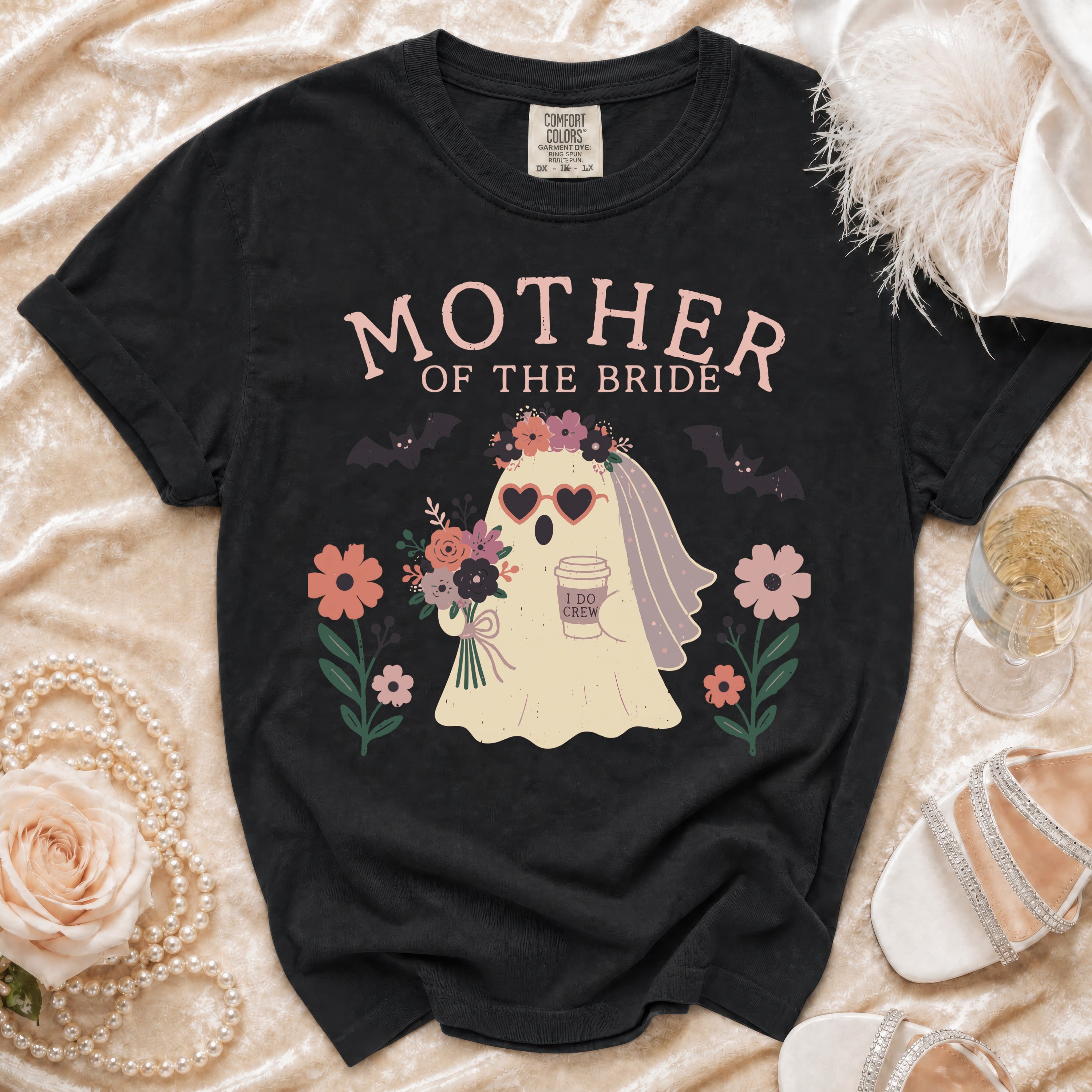 Black t-shirt with "MOTHER OF THE BRIDE" and a ghost bride with "I DO CREW" text.