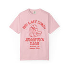 Pink t-shirt with "Her Last Rodeo" and cowboy boot graphic.
