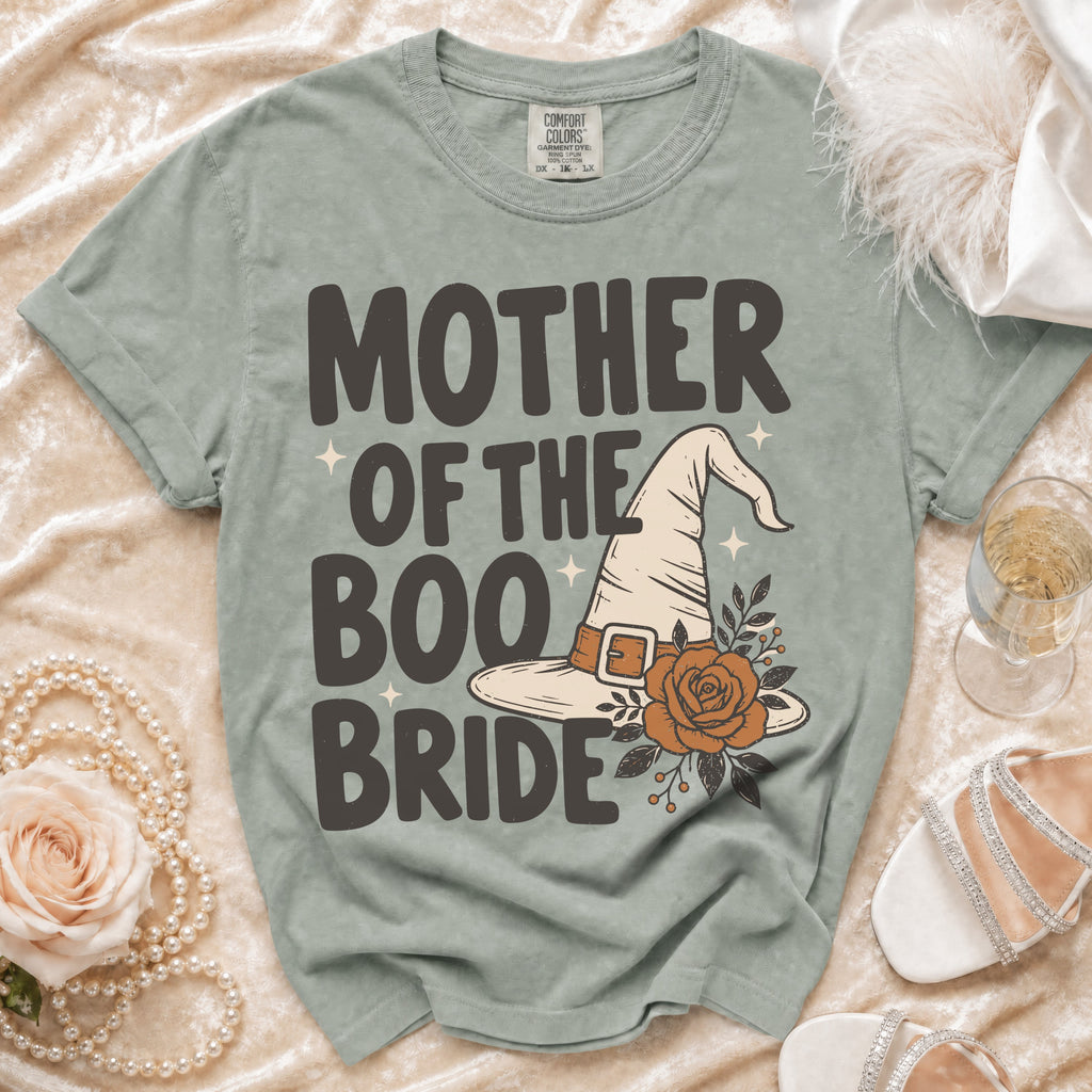 T-shirt with "Mother of the Boo Bride" text, witch hat, and floral design.