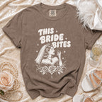 Brown t-shirt with "This Bride Bites" text and a vampire bride graphic.