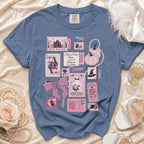 Blue t-shirt with pink, retro Halloween and wedding themed graphic prints.