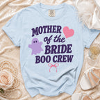Light blue t-shirt with "Mother of the Bride Boo Crew" text and ghost graphic.