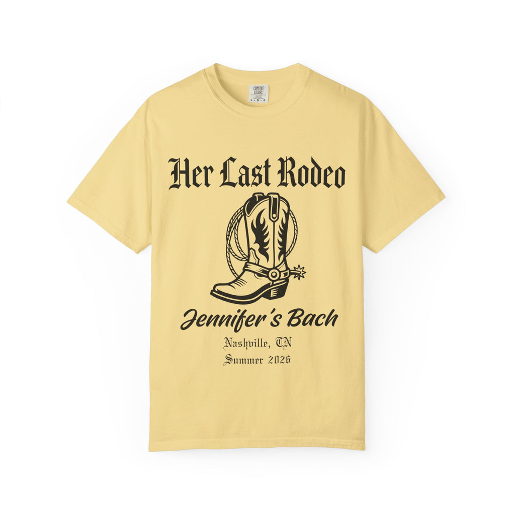 Yellow t-shirt with "Her Last Rodeo" and boot graphic.