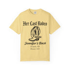 Yellow t-shirt with "Her Last Rodeo" and boot graphic.