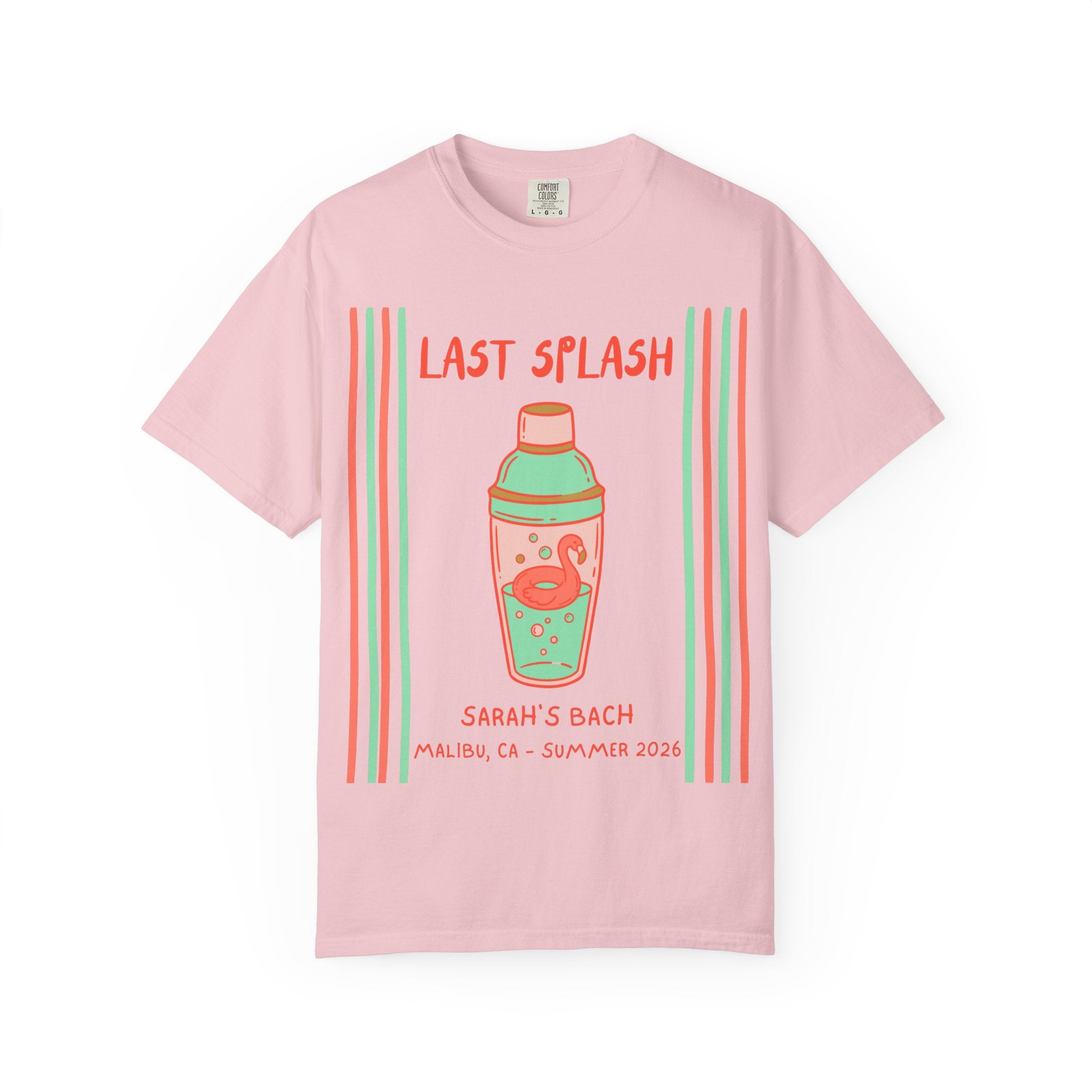 Pink t-shirt with "Last Splash" and cocktail shaker design for Sarah's Bach.