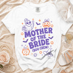 White t-shirt with "Mother of the Bride (Boo Crew)" Halloween-themed graphic.