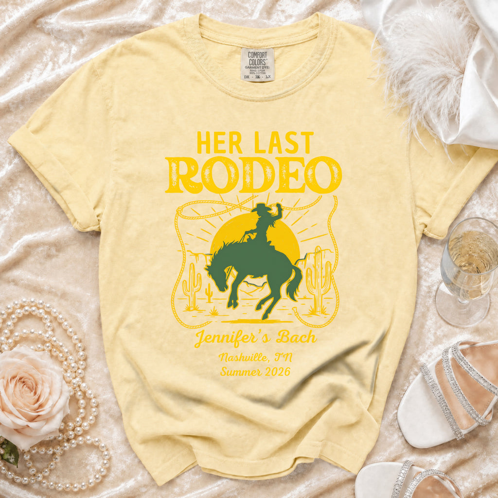 Yellow t-shirt with "Her Last Rodeo" graphic for Jennifer's Bach Nashville 2026.