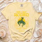 Yellow t-shirt with "Her Last Rodeo" graphic for Jennifer's Bach Nashville 2026.