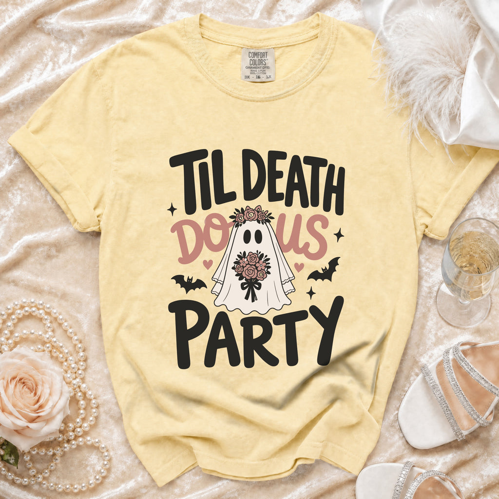 Yellow t-shirt with "Til Death Do Us Party" text, ghost bride, and bats.