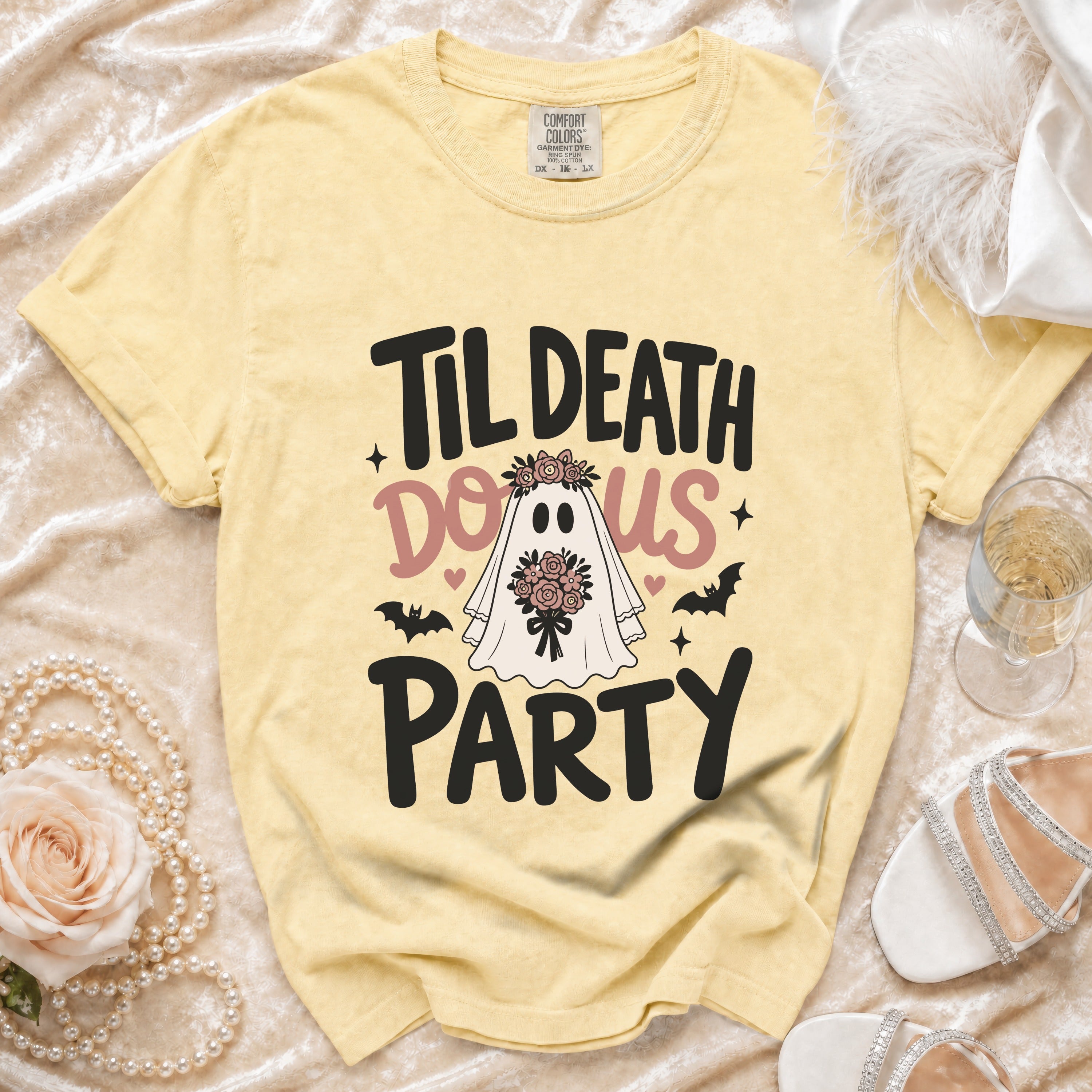 Yellow t-shirt with "Til Death Do Us Party" text, ghost bride, and bats.