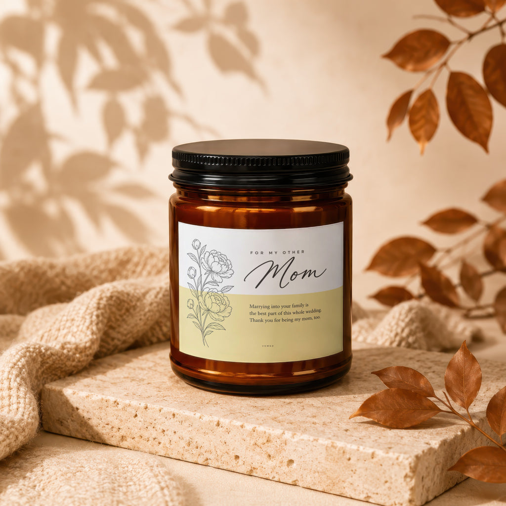 Amber jar candle with "Mom" and wedding message, decorated with floral illustration.