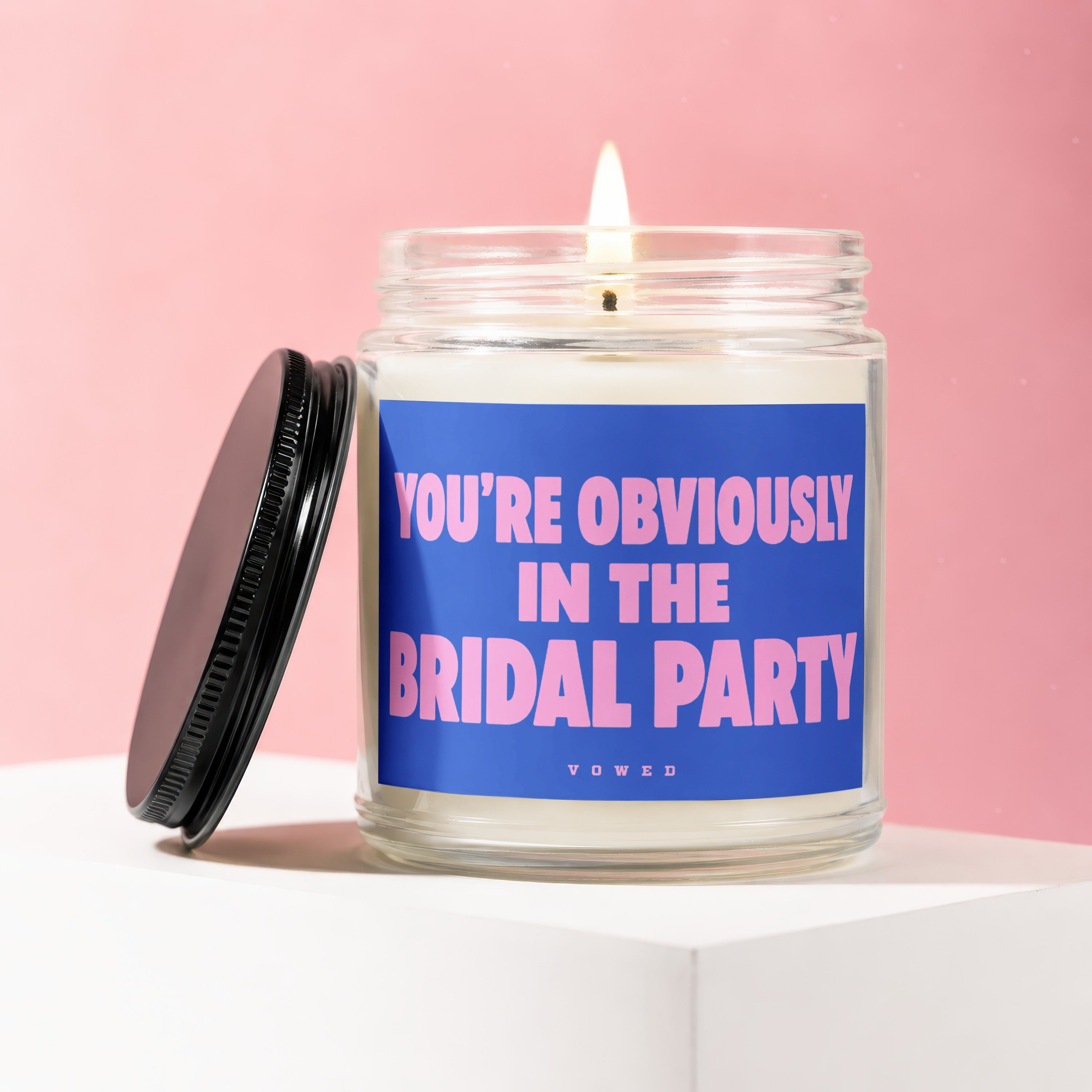 Jar candle with "You're Obviously In The Bridal Party" text on a blue label.