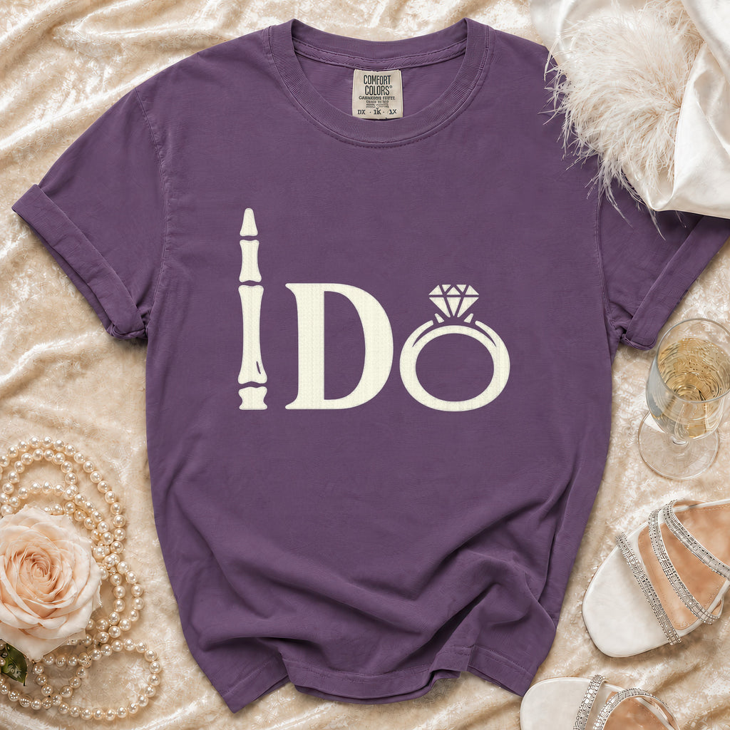 Purple t-shirt with "I Do" graphic featuring a ring and a skeleton hand.