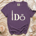 Purple t-shirt with "I Do" graphic featuring a ring and a skeleton hand.