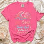 Pink t-shirt with "Last Splash Sarah's Bach Malibu, CA Summer 2026" graphic.