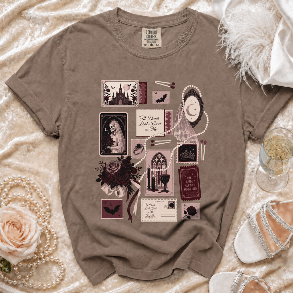 Brown t-shirt with gothic wedding themed graphic art and text.