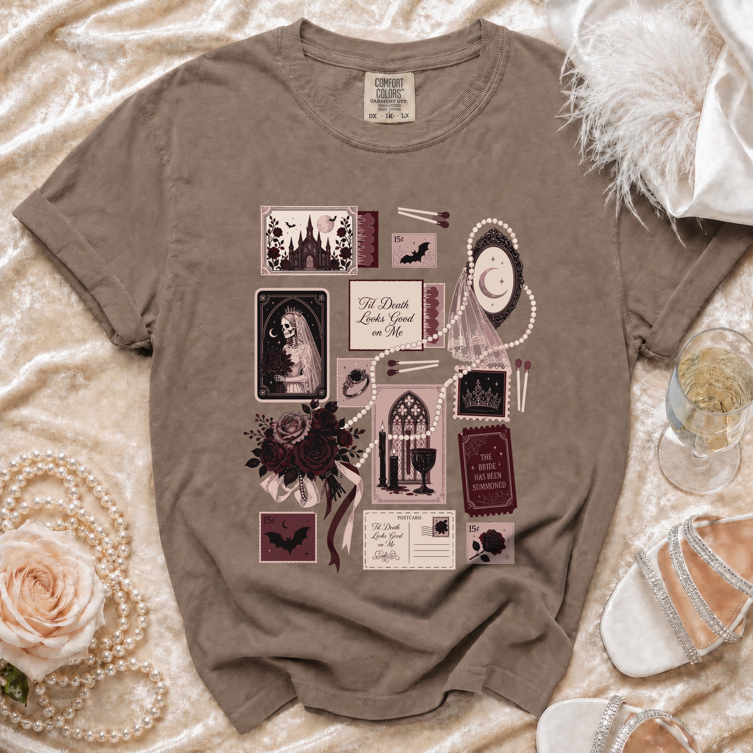 Brown t-shirt with gothic wedding themed graphic art and text.