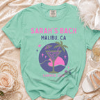 Sarah's Bach Malibu CA Summer 2026 t-shirt with martini glass and palm tree graphic.