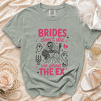 T-shirt with "BRIDES don't die we ghost THE EX" text and skeleton bride graphic.