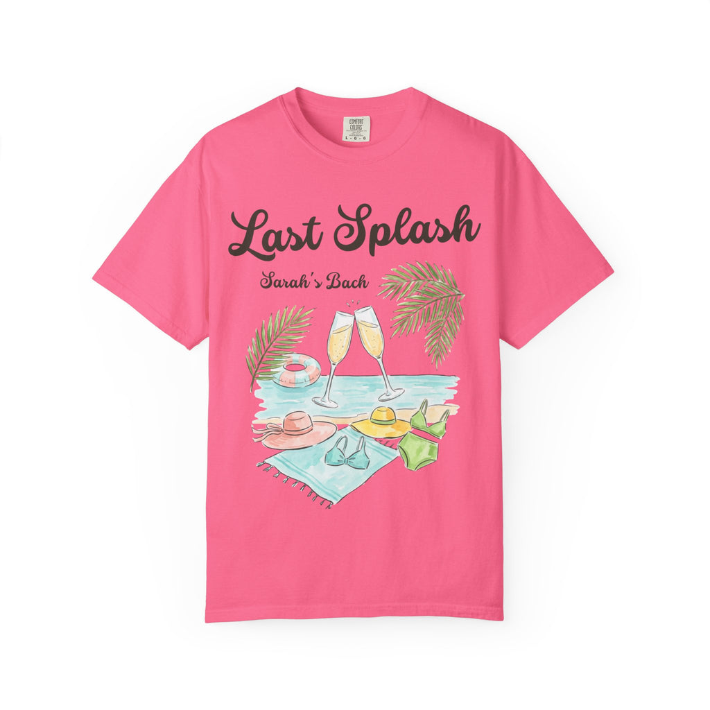 Pink t-shirt with "Last Splash Sarah's Bach" graphic and beach accessories.