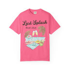 Pink t-shirt with "Last Splash Sarah's Bach" graphic and beach accessories.