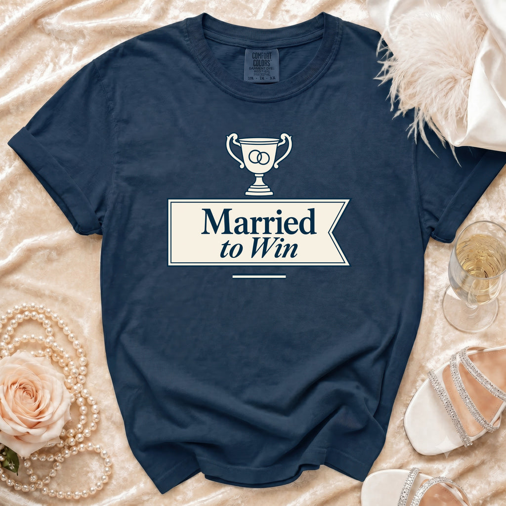Navy t-shirt with white trophy graphic and "Married to Win" text.