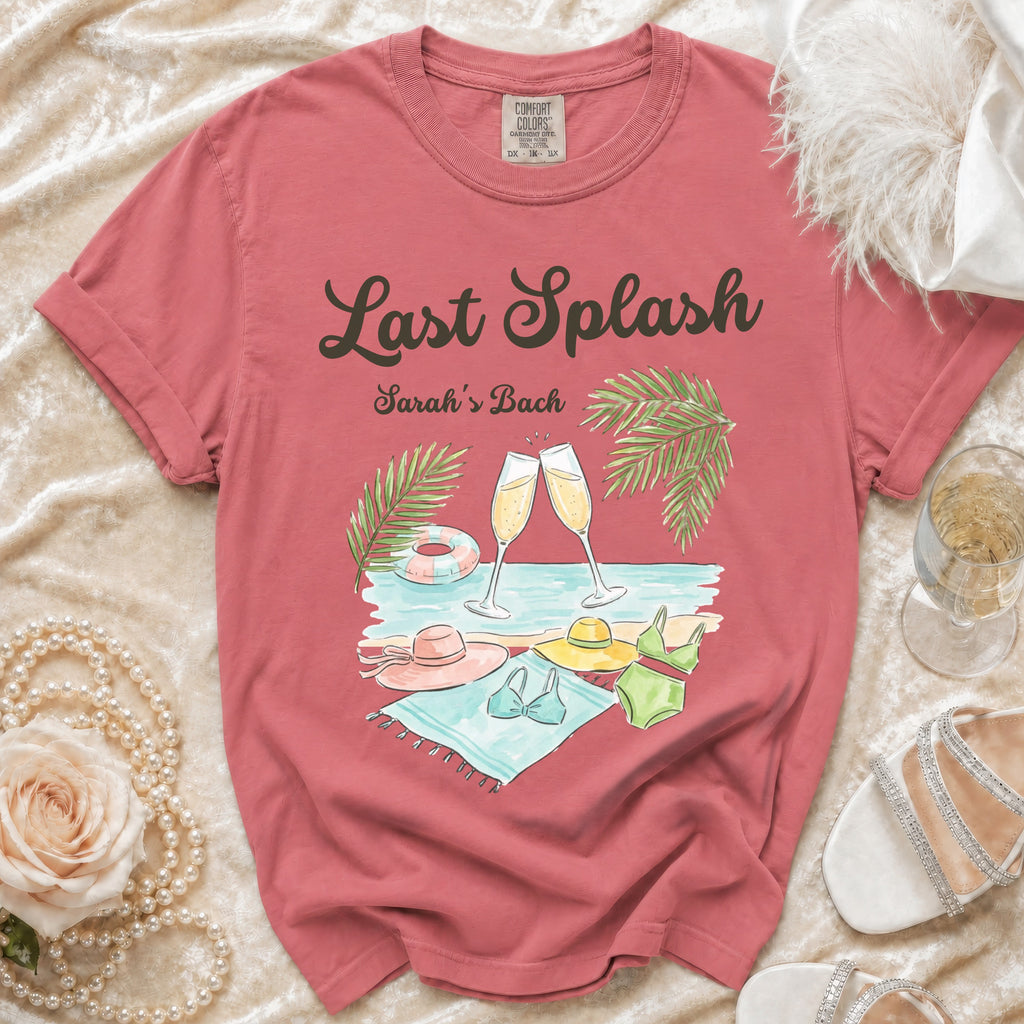 T-shirt with "Last Splash Sarah's Bach" and beach party design.