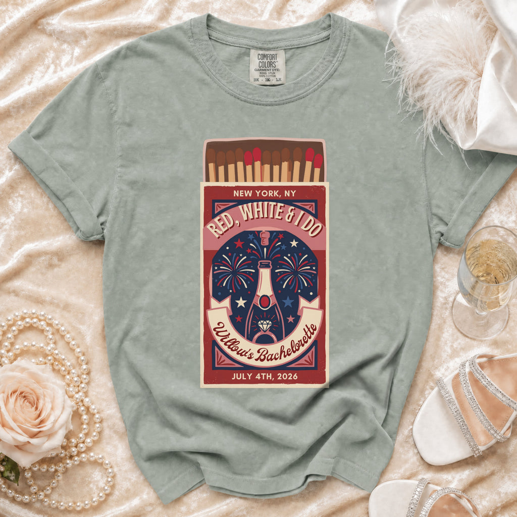 Red, White & I Do bachelorette t-shirt with matchbox design, New York, July 4th, 2026.