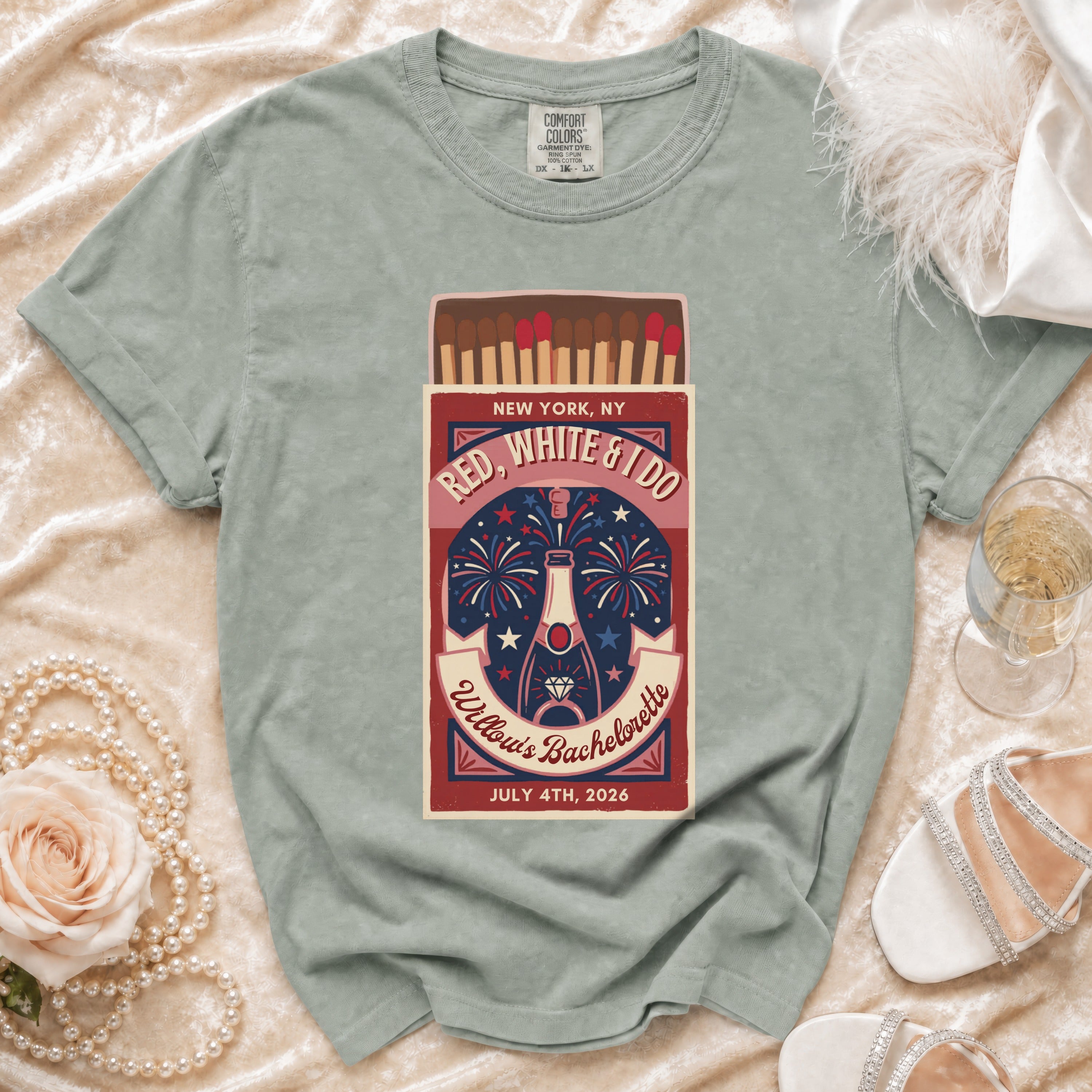 Red, White & I Do bachelorette t-shirt with matchbox design, New York, July 4th, 2026.