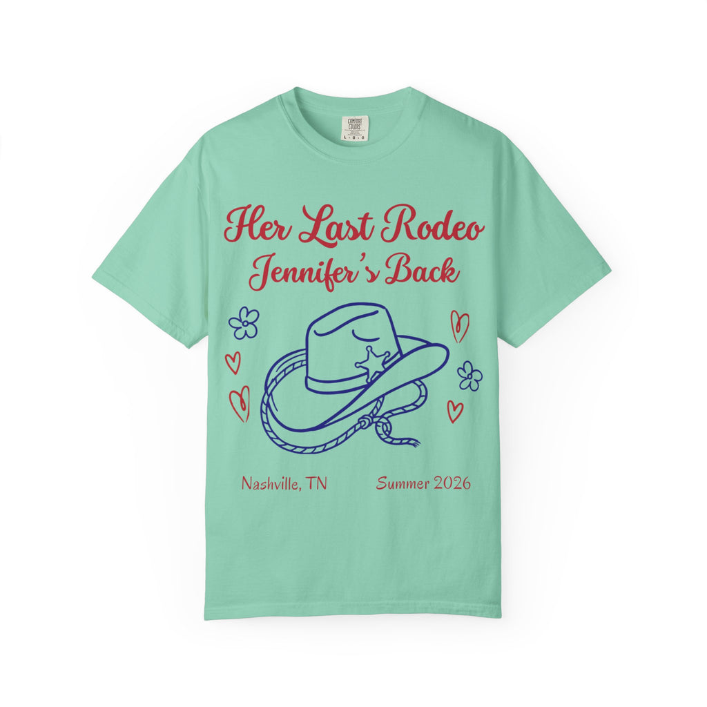 Mint green t-shirt with "Her Last Rodeo Jennifer's Back" text, cowboy hat, hearts, and flowers.