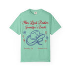 Mint green t-shirt with "Her Last Rodeo Jennifer's Back" text, cowboy hat, hearts, and flowers.