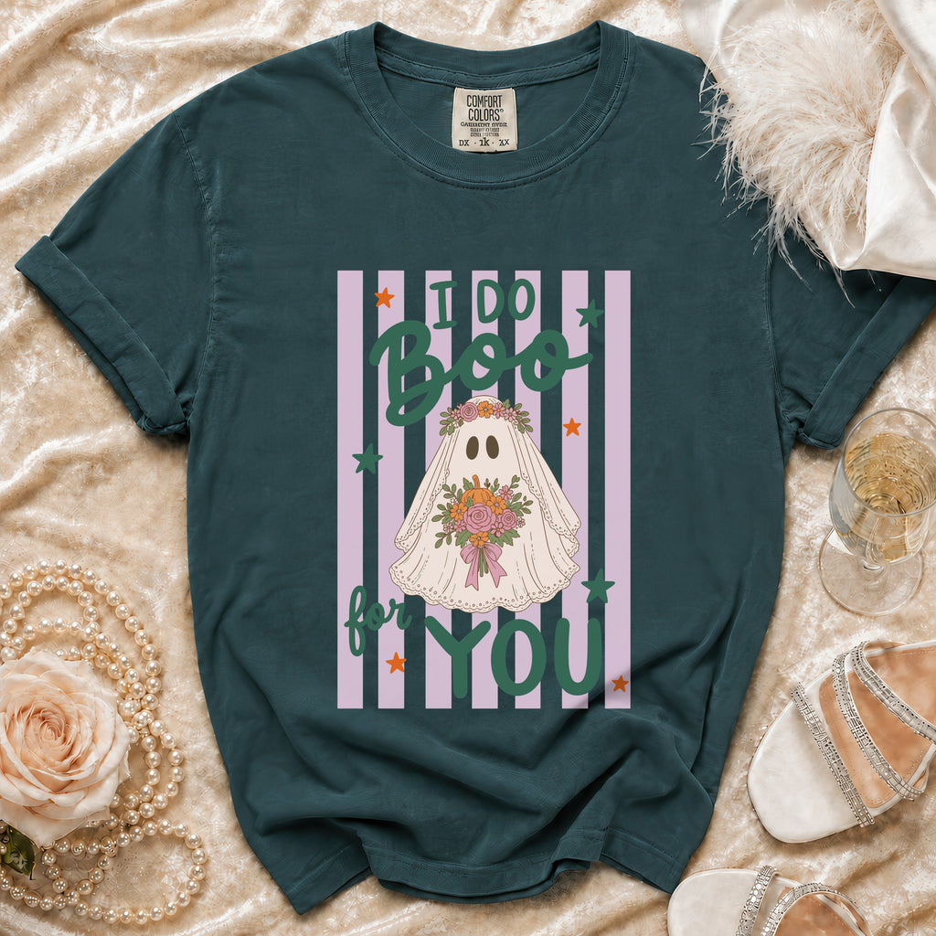 Green t-shirt with "I Do Boo For You" and ghost design on a striped background.