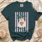 Green t-shirt with "I Do Boo For You" and ghost design on a striped background.