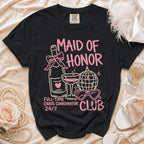 Black t-shirt with pink "Maid of Honor Club" graphic and champagne bottle.