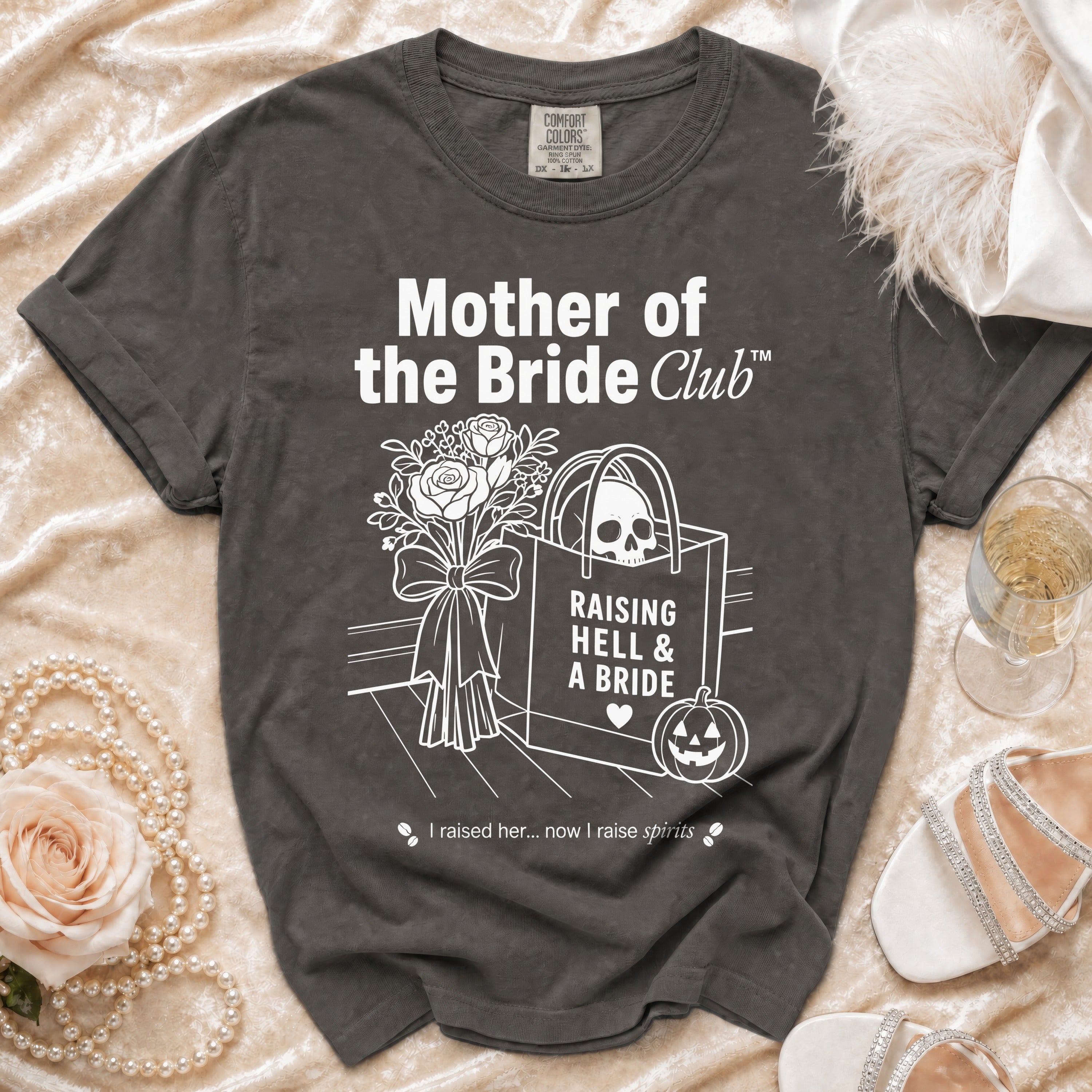 Gray t-shirt with "Mother of the Bride Club" and humorous graphics.