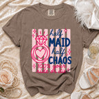 Taupe t-shirt with "half MAID half CHAOS 100% your ride or die" graphic.