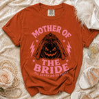 Orange t-shirt with "Mother of the Bride 'Til Death Do Us Party" Halloween graphic.