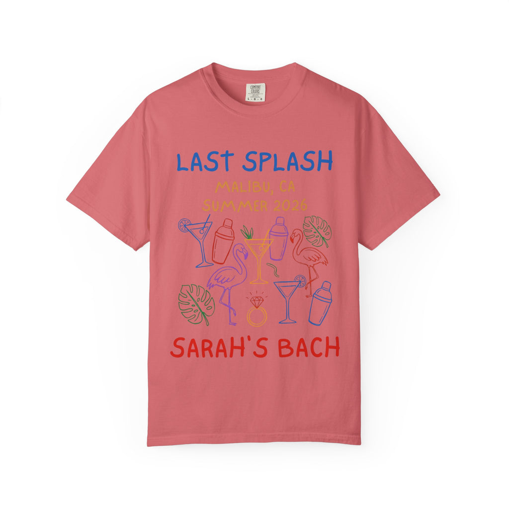 T-shirt with "Last Splash Sarah's Bach" and tropical graphics.