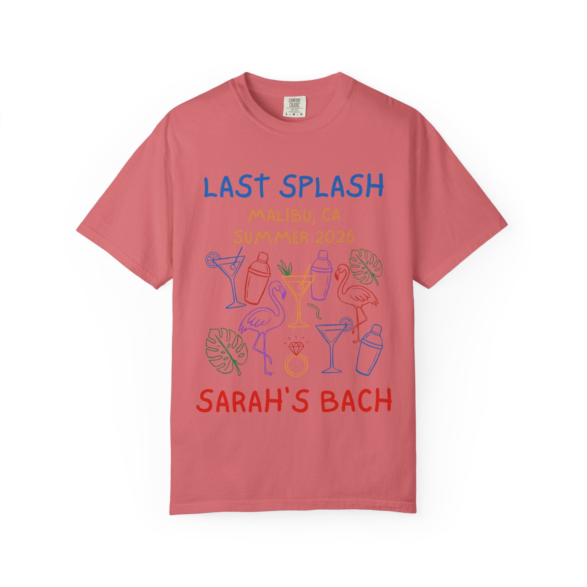 T-shirt with "Last Splash Sarah's Bach" and tropical graphics.
