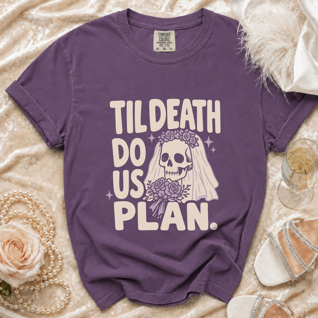 Purple t-shirt with "Til Death Do Us Plan" text and skeleton bride graphic.