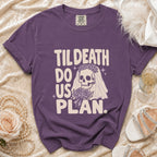 Purple t-shirt with "Til Death Do Us Plan" text and skeleton bride graphic.